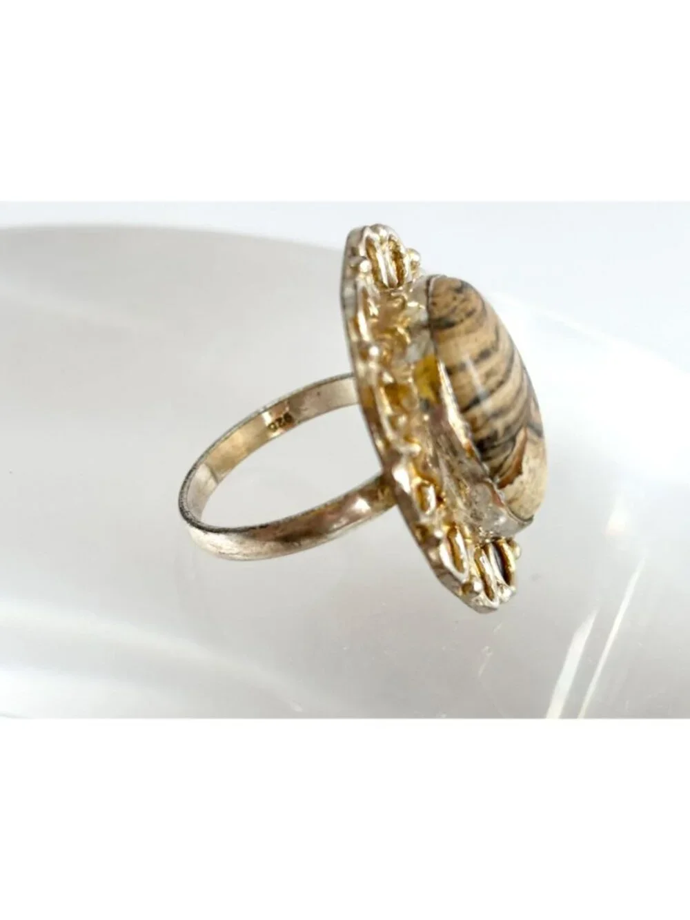 Banded Brown Agate Cabochon Scalloped Sterling Silver 925 Vintage Ring - sz 9
